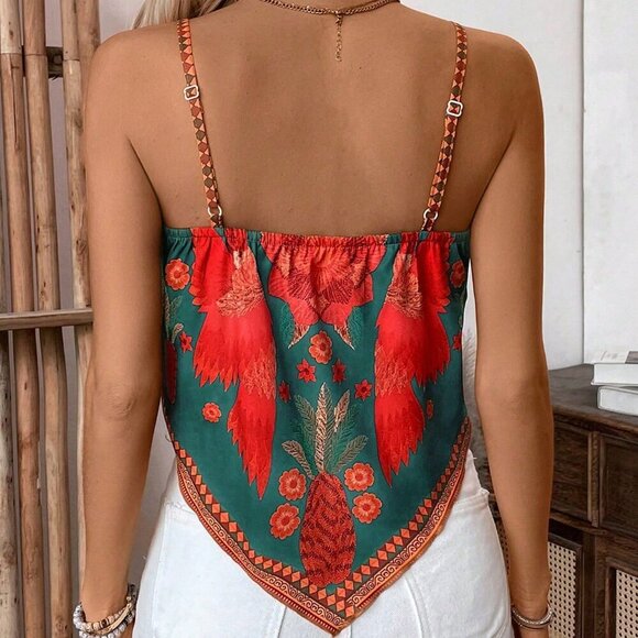 Green Boho Women's Casual Loose Plant Print Camisole top - Picture 2 of 5